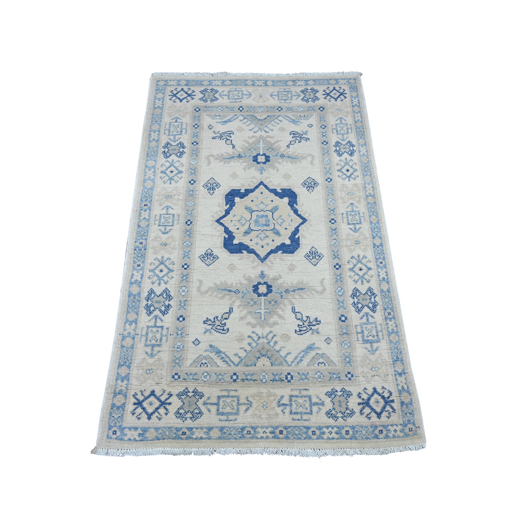 3'x4'9" Alabaster White, Vintage Look Kazak with Geometric Medallion, Hand Knotted, 100% Wool, Natural Dyes, Mat, Sample, Oriental Rug 